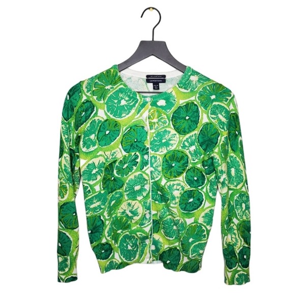 Lands' End Sweaters - Lands' End Lime Fruit Print Button Up Cardigan 100% Supima Cotton XS Petite